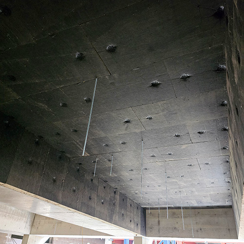 View of the installed soffit liner at Bristol Street development